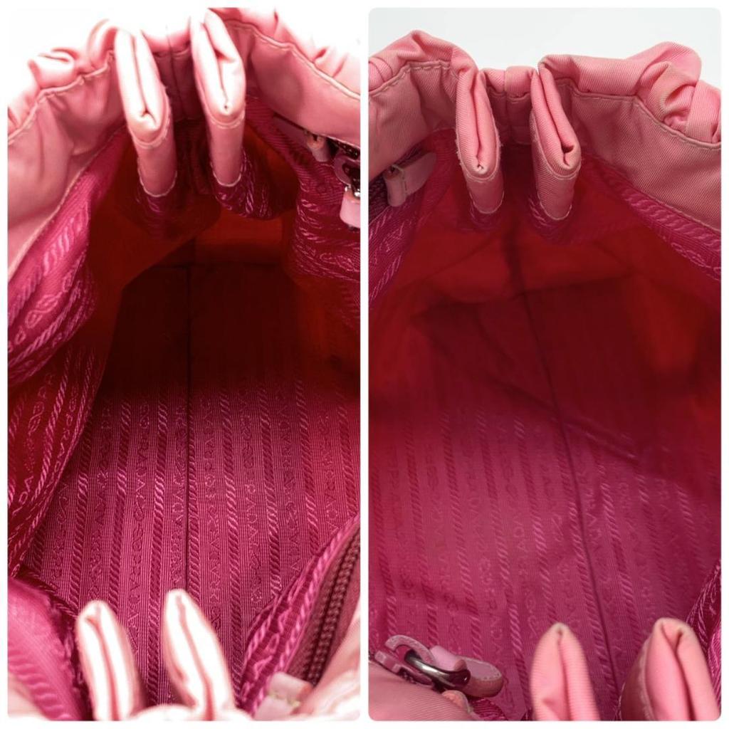 PRADA Pocono Tessuto Nylon Ribbon Hand Tote Bag One Shoulder Strap Leather Pink Silver Hardware Triangle Logo Plate