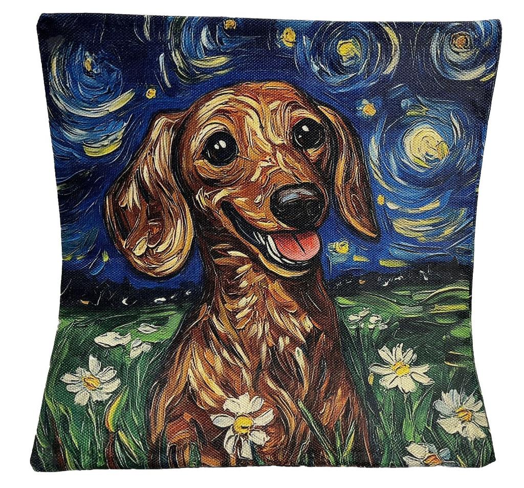 1pc Starry Night Dachshund Oil Painting Double Sided Throw Pillow Cover Home Decor