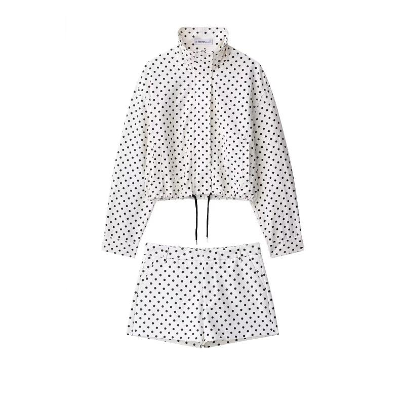 Polka Dot Drawstring Hooded Bubble Cotton Set Women Long Sleeve Casual Pants Outfit Streetwear