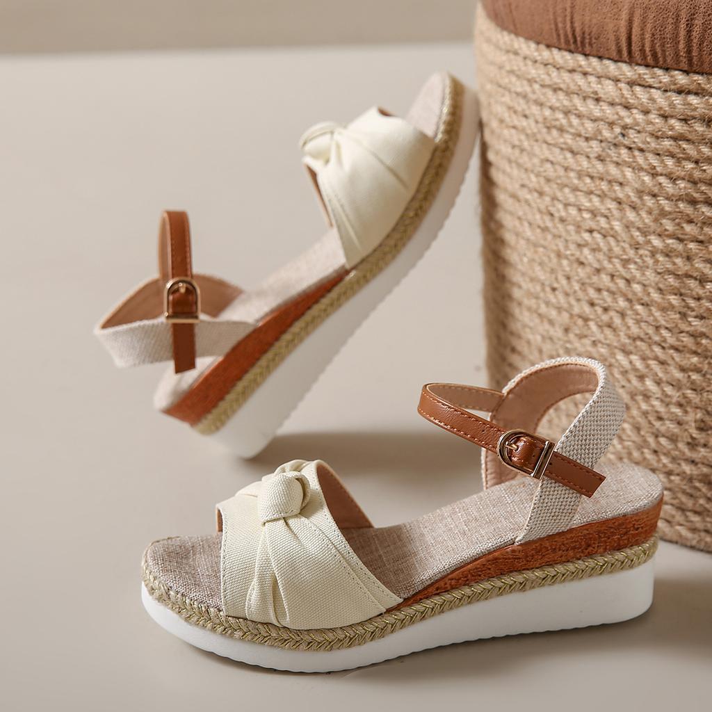 Летние новые босоножки на покатом каблуке с бантом, европейская и американская мода, импортные босоножки больших размеров, сандалии с пряжкой в виде рыбьего рта и подошвой из пеньковой веревки
