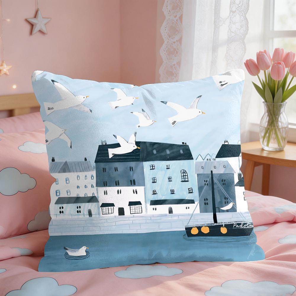 Retro Springtime Village Plants Cushion Cover Square Short Plush Pillow Case Living Room Sofa Home Decor Funda X