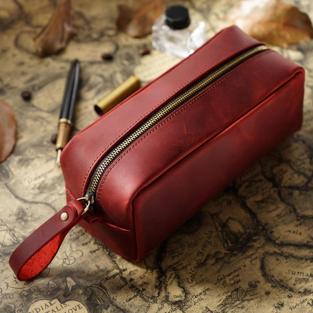 Retro Crazy Horse Leather Zipper Pencil Case - Large Capacity, First Layer Cowhide Stationery Bag