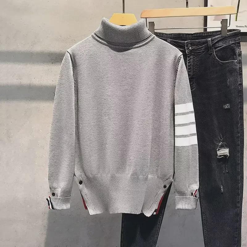 Вязаный свитер с высоким воротом и четырьмя полосками, облегающий крой, длинный рукав, идеально подходит для пар.