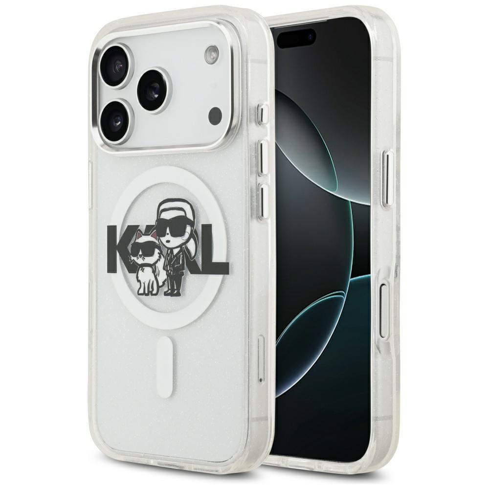 Karl Lagerfeld IML Glitter Karl & Choupette Sketch Logo MagSafe Case for iPhone 17 Pro Clear