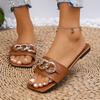 2025 Spring and Summer New Cool Slippers Metal Chain Square Head Flat Bottom Multi-color One-character Sandals Foreign Trade Large Size Shoes