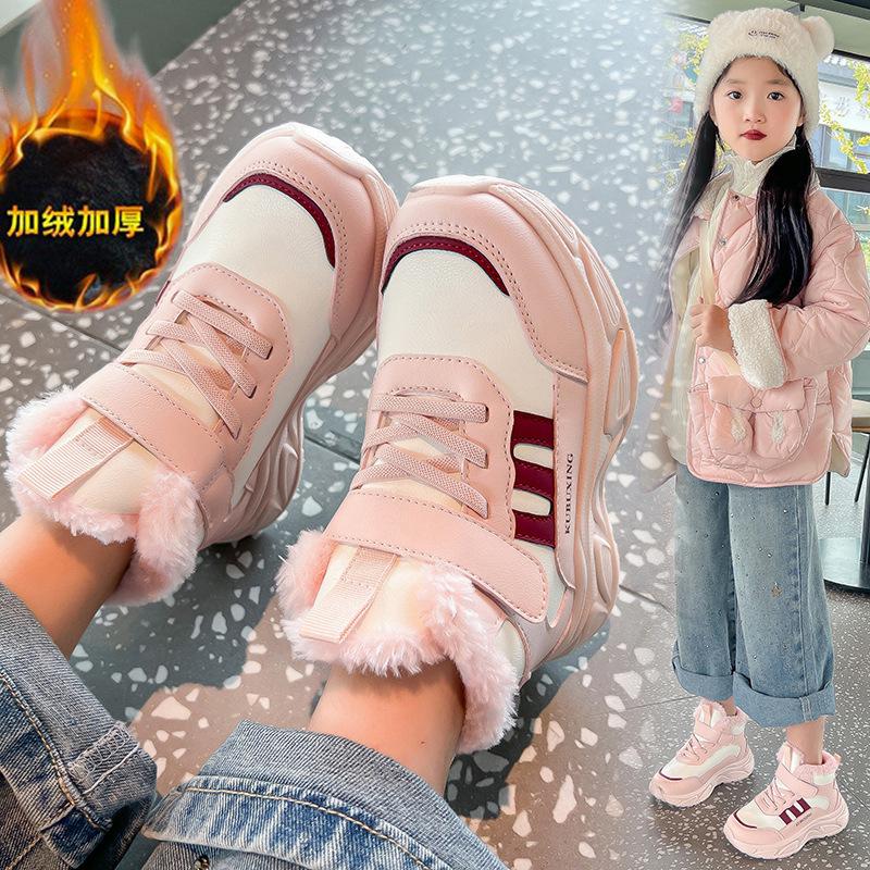 Девочки Хлопковая обувь Зимняя на флисовой подкладке Утолщенная Новая Детская Теплая Спортивные Короткие Ботинки Девочек Волшебные Кроссовки Трендовые