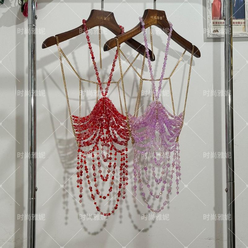 Handmade Female Music Rave Festival Mermaid Core Outfit 2025 Y2K Bikini Top Beaded Crystal Bra Body Chain Boho Beaded Top