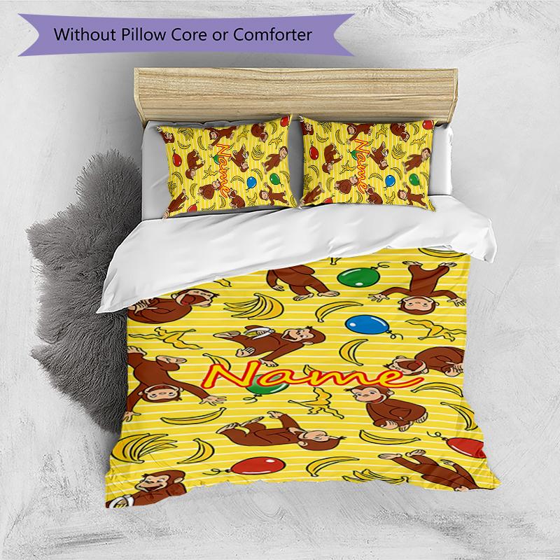 3pcs Custom Name Curious George Bedding Set Duvet Cover Closure Includes 1 Duvet Cover & 2 Pillowcases for All Seasons Bedroom Decor