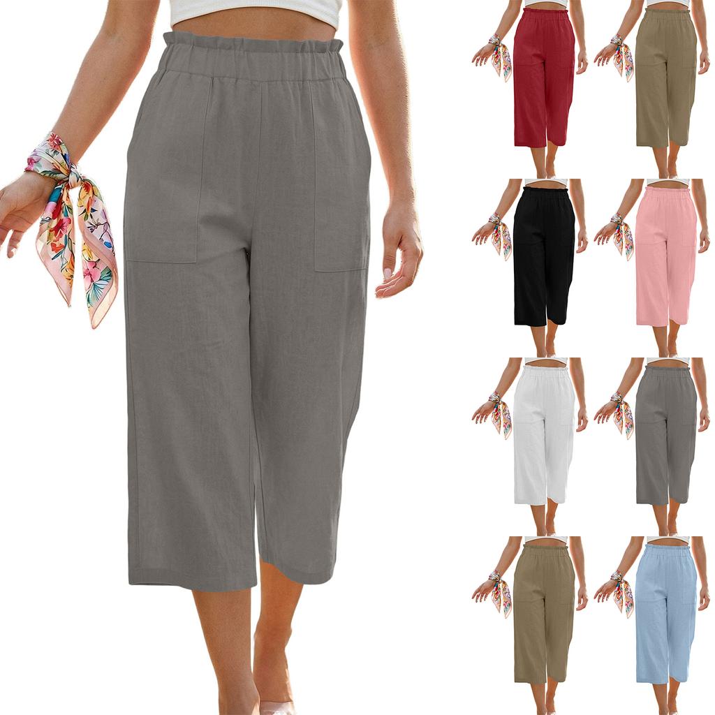 Womens Baggy Cotton Linen Pants Elastic Waist Casual Loose Summer Beach Vacation Pants