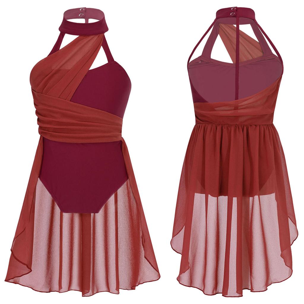 Детское гимнастическое танцевальное платье без рукавов для девочек, шифоновый лиф с рюшами, купальник, танцевальная одежда, костюм