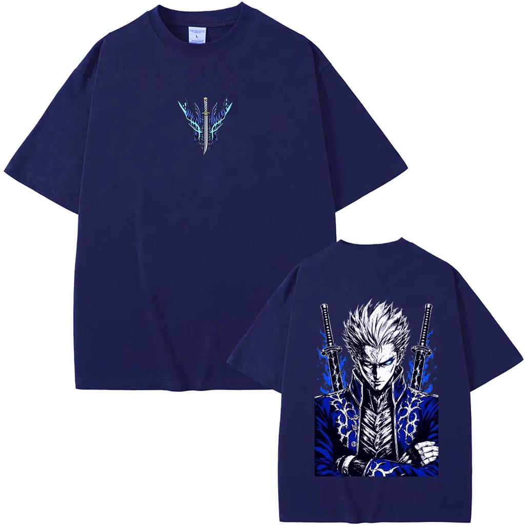 2026 Summer Game Devil May Cry Vergil Double Sided Print Graphic T-shirt Y2K Men Women Gothic Round T-shirt Retro Vintage Graphic Oversized T Shirt