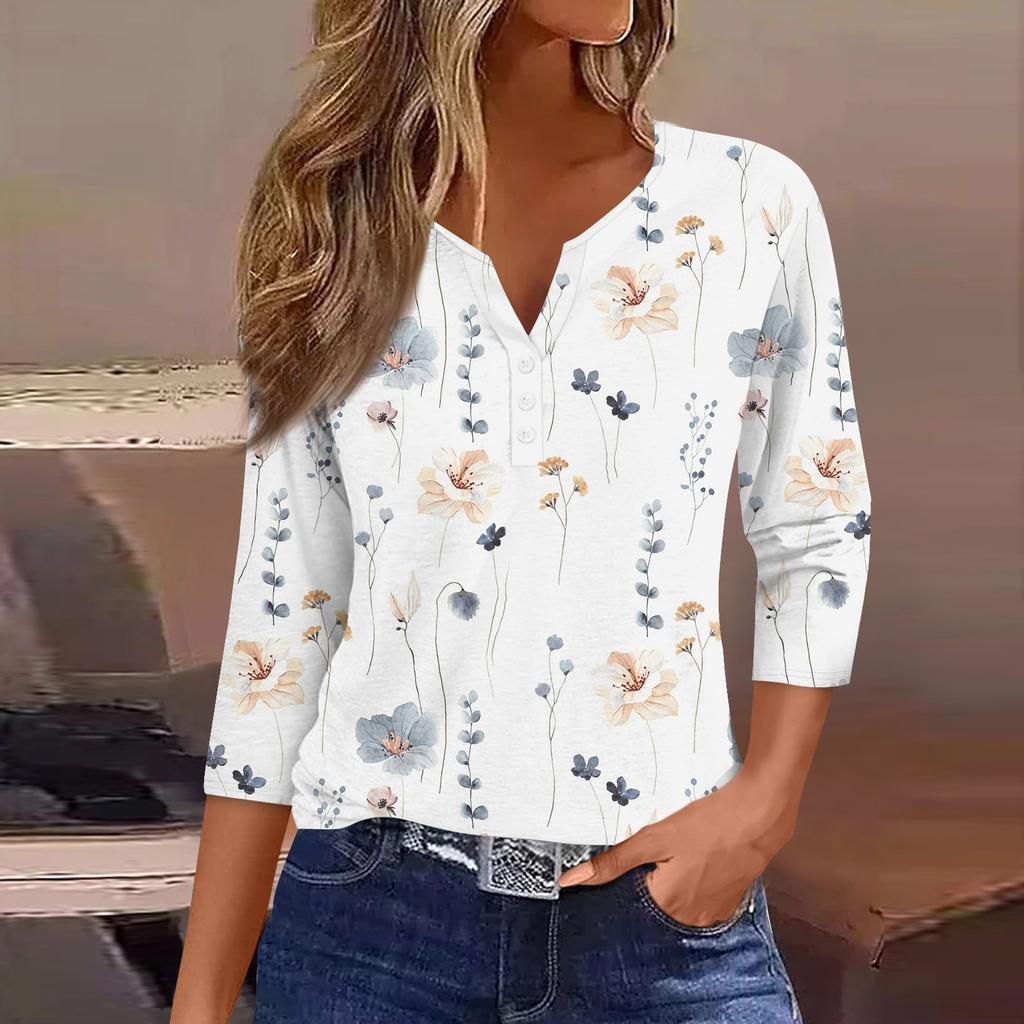 Жен. Футболка Футболка С принтом Пуговицы Рукав 3/4 Повседневные Выходные Мода Классический Классический V-образный вырез Обычный Верх
