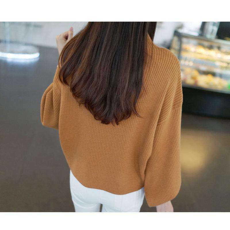 Осень и зима новый полуводолазка низ вязаный свитер корейская мода женский свободный пуловер фонарь длинный рукав топы свободная повседневная одежда 2101