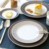 Fine Bone China Dinner Plates Sets, Light Luxury Tableware Stripe Pattern Gilt Edged Porcelain Dinnerware Round Set of 6