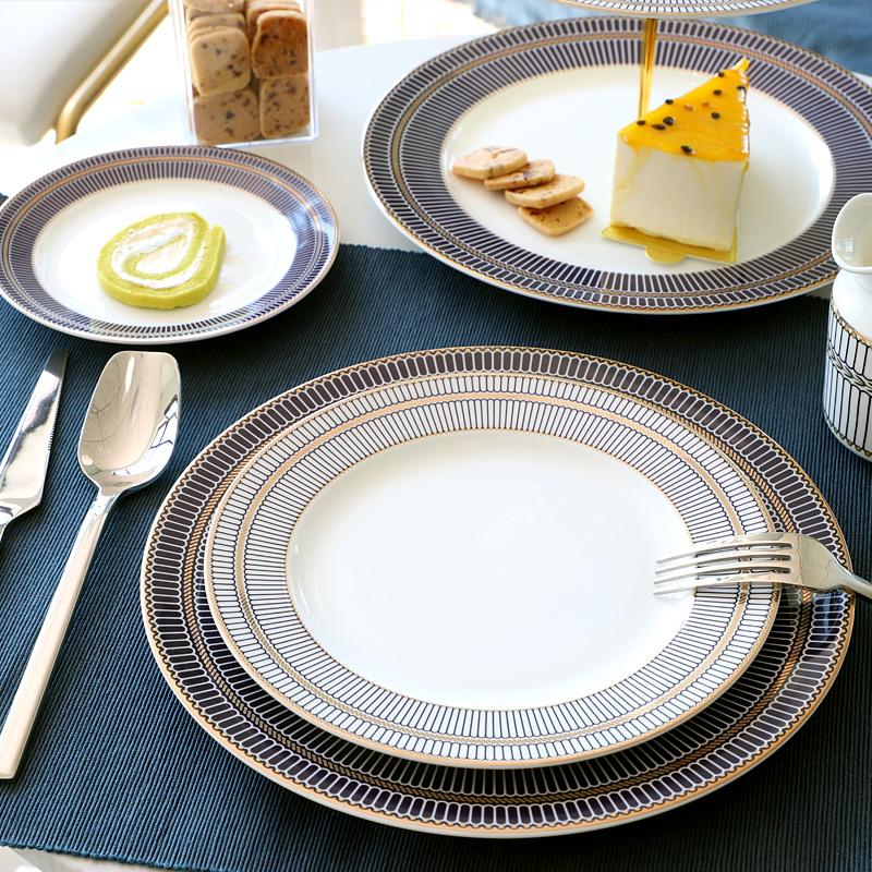 Fine Bone China Dinner Plates Sets, Light Luxury Tableware Stripe Pattern Gilt Edged Porcelain Dinnerware Round Set of 6