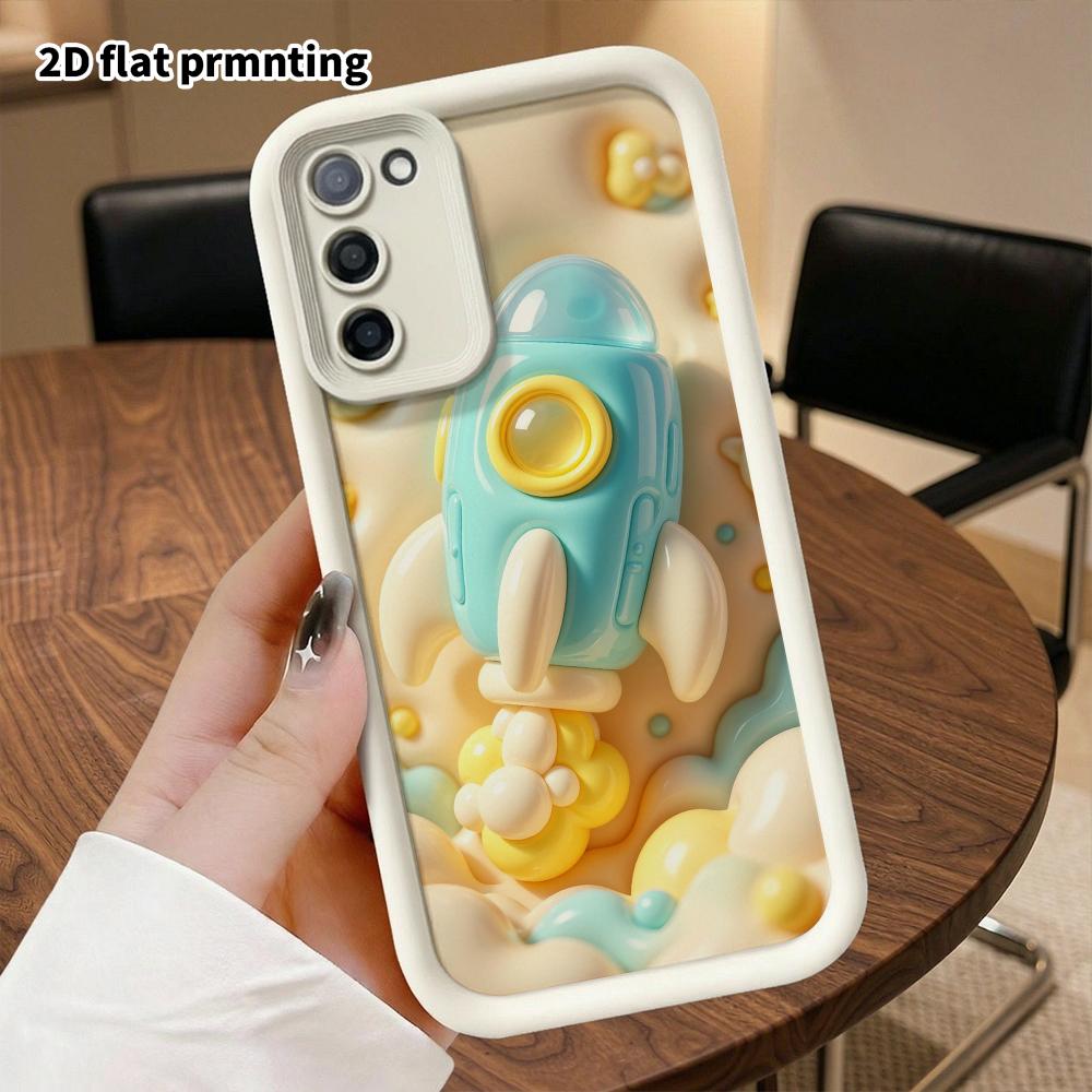 Phone case: 2D flat design suitable for Samsung Galaxy A34 A35 M05 M06 S20 S22 S21 FE Plus 5G protective case, blue and white little rocket, perfect C