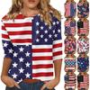 Women's Fashion Casual Three-quarter Sleeve Independence Day Printed Round Neck Top