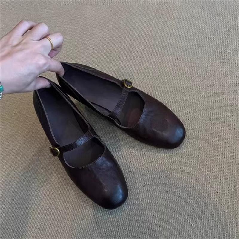 Модные туфли-лодочки из натуральной кожи для женщин, туфли Мэри Джейн на плоской подошве, женская ретро-простая обувь на низком каблуке