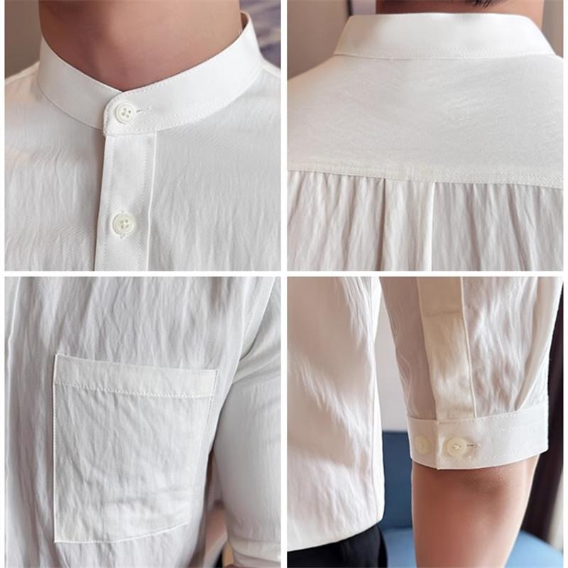 Рубашки с коротким рукавом мужские модные воротник-стойка Slim Fit мужские повседневные рубашки