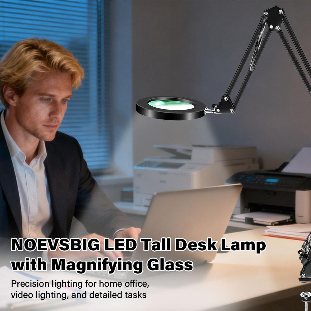 Three stage folding Magnifying Glass with Light and Clamp 3 Color Modes Stepless Dimmable Flexible Swing Arm 72 LED Desk Lamp