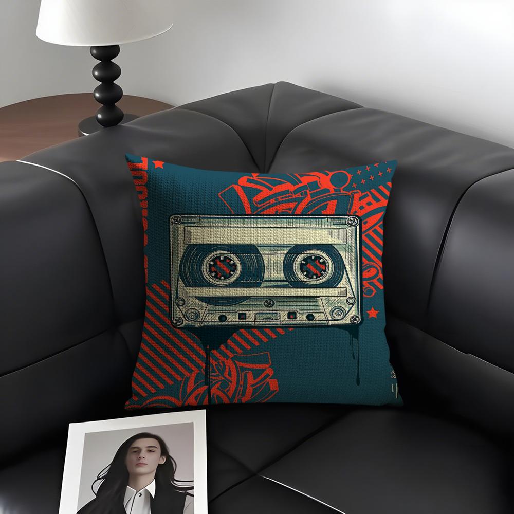 Vintage Cassette Music Tape Cushion Cover Natural Linen Organic Fabric DoubleSided Printing Sofa Home Decor Gift Pillow Case