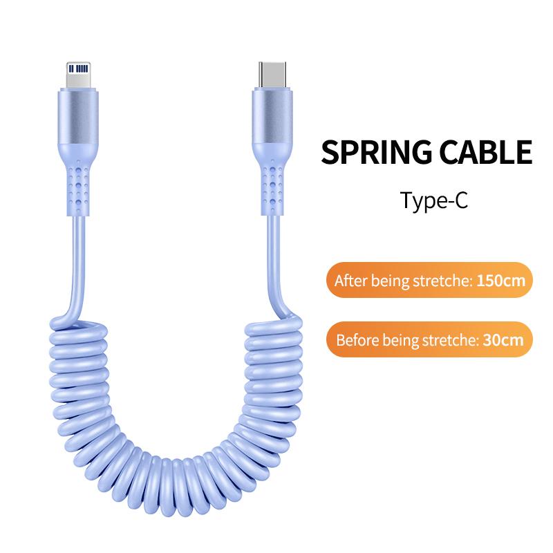 1.5M Coiled USB-C Type C 5A Fast Charging Data Cable 90 Right Angle Retractable Pure Copper Mobile Phone Cord for