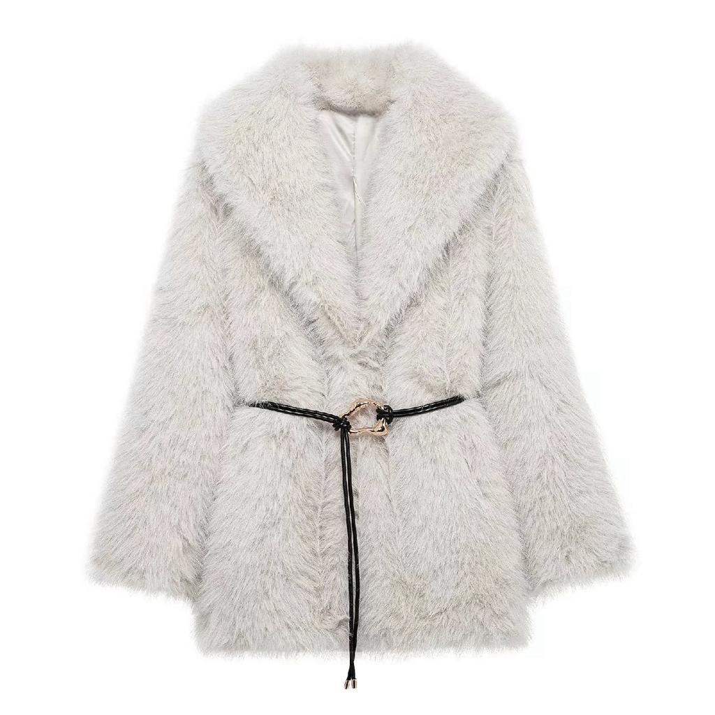 Women Fuzzy Fleece Short Jacket Solid Color Warm Plush Coat Long Sleeve Casual Outerwear