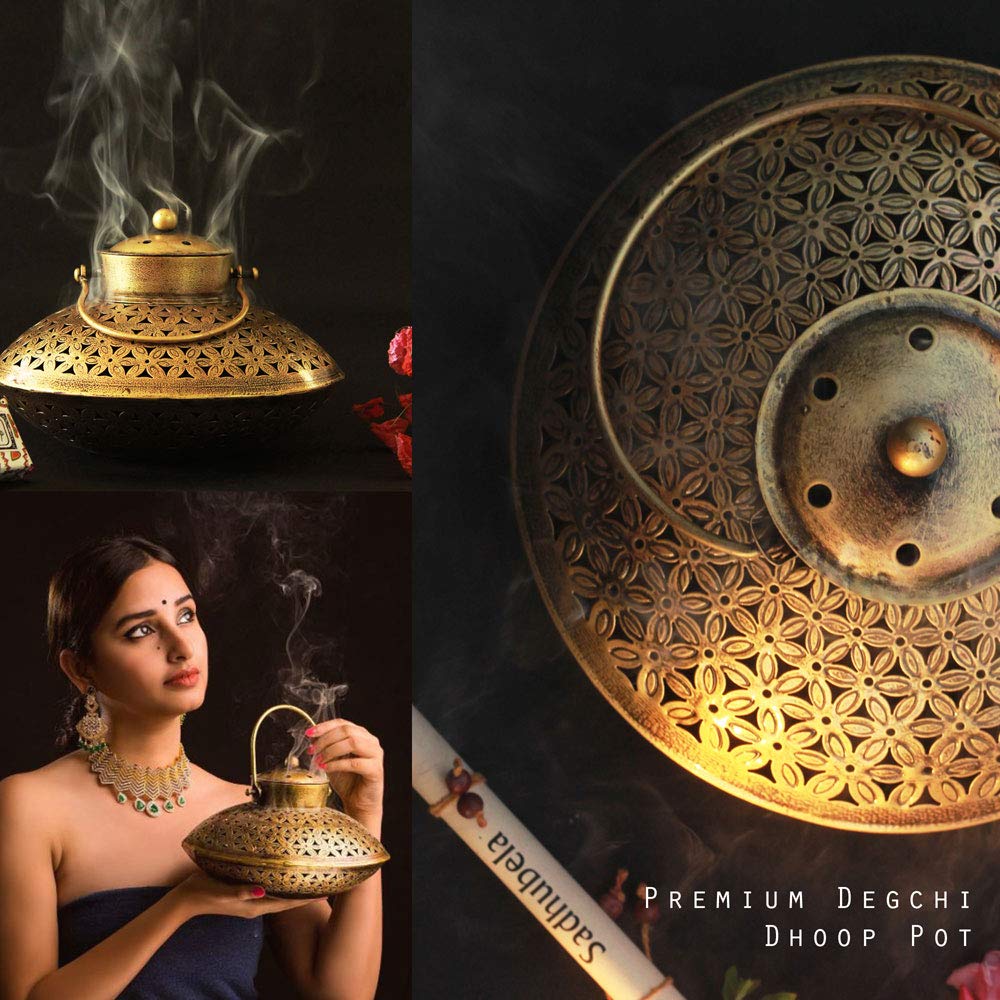 Antique Degchi Dhoop Dani Pot - Vintage & Heritage Decor Incense Dhoop Holder (Iron, Round, Antique Finished Golden)