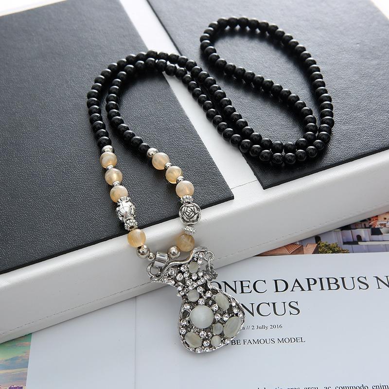 Ожерелье из бисера, длинная винтажная веревка в стиле бохо, ломтик цепи, каменные подвески, богемные этнические женщины