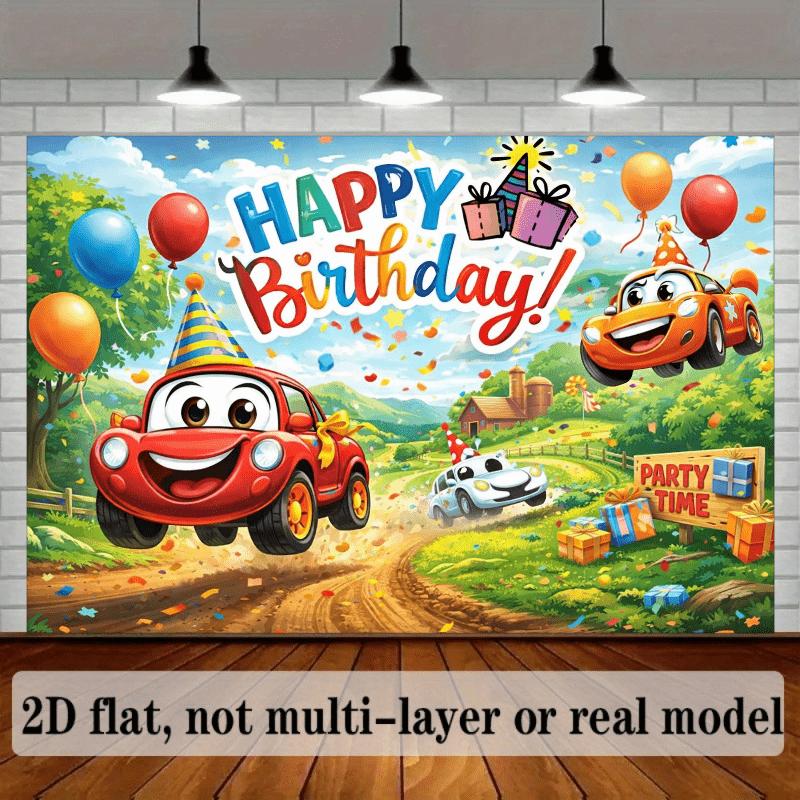 2D plane 1 piece of a happy car party backdrop depicting red orange and white cartoon cars wearing party hats