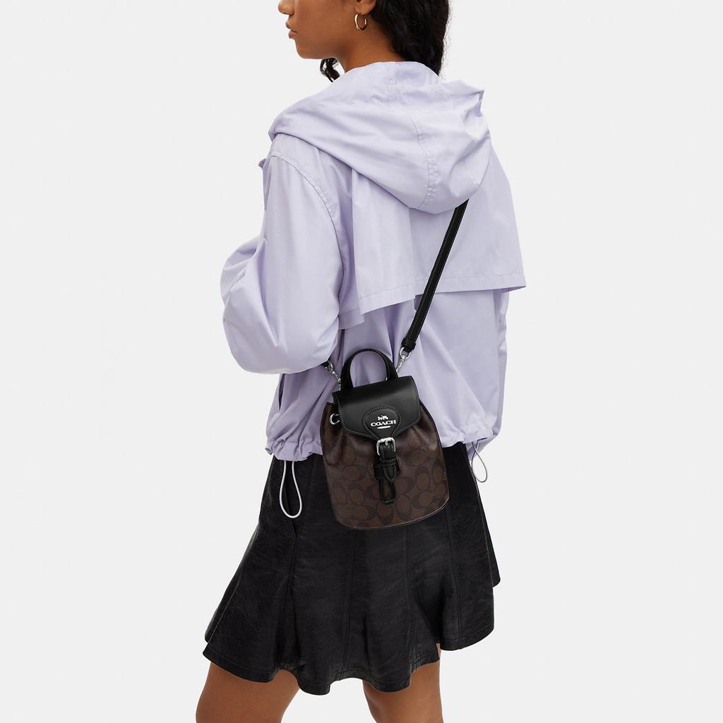 Coach Amelia 16 Silver Logo Snap Flap Backpack With Zipper Pocket Classic Monogram Canvas And Smooth Leather Women backpack Black Brown CL458-SVBRB