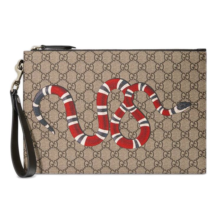 Gucci Coral Snake Print Vintage Logo Detachable Wrist Strap Canvas And Leather Clutch Men clutch Ebony Black 473904-GZN1N-8666