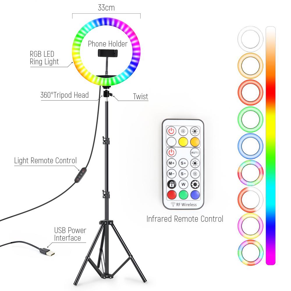 13-дюймовая RGB светодиодная кольцевая лампа для селфи с штативом 0,5 м 1,6 м 2 м, цветное 33-сантиметровое фотографическое освещение с дистанционным управлением для YouTube
