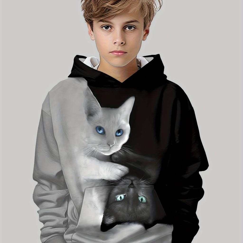 Детская одежда Толстовки с капюшоном с длинным рукавом Детская толстовка с рисунком из мультфильма Детская мода с принтом кота Летняя одежда для девочек Топ для мальчиков