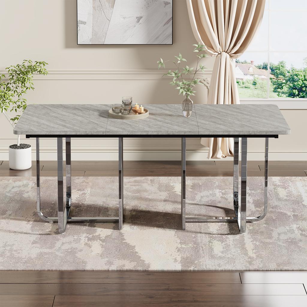 Dining Table, L180*B80*H75cm, Modern Stable Large Rectangular Dining Table for 6 People, Metal Legs, Grey + Silver