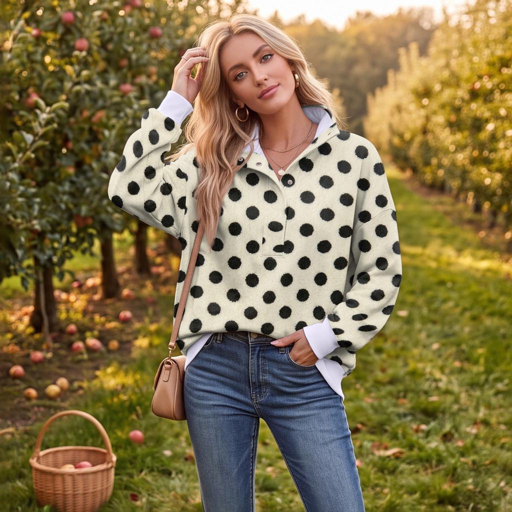 Women's Casual Polka Dot Long Sleeve Top with Lapel Collar for Everyday Wear
