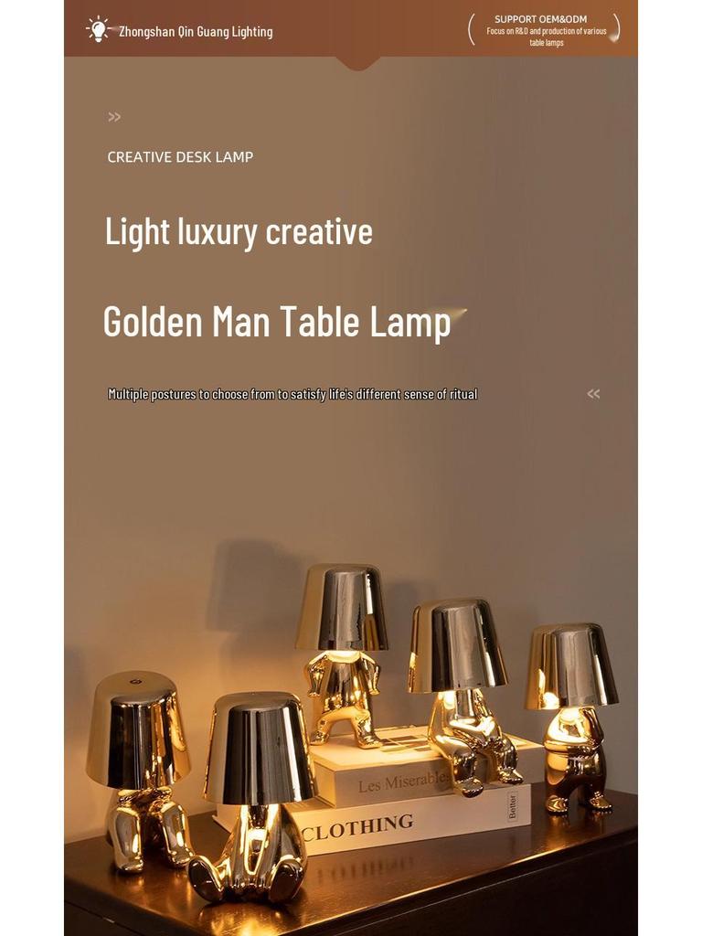 Creative Thinker Electroplated Gold Table Lamp: Rechargeable Night Light & Bedroom Ornament