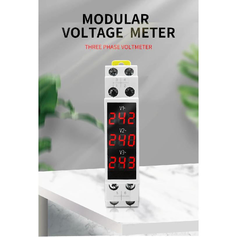 Din Rail Mount Three Phase Voltage Meter AC 80-500V Modular Voltage Meter LED Digital Display BV-3R