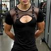 Summer Men Short Sleeve Mesh Sheer Patchwork Hollow Out Skinny T-shirts