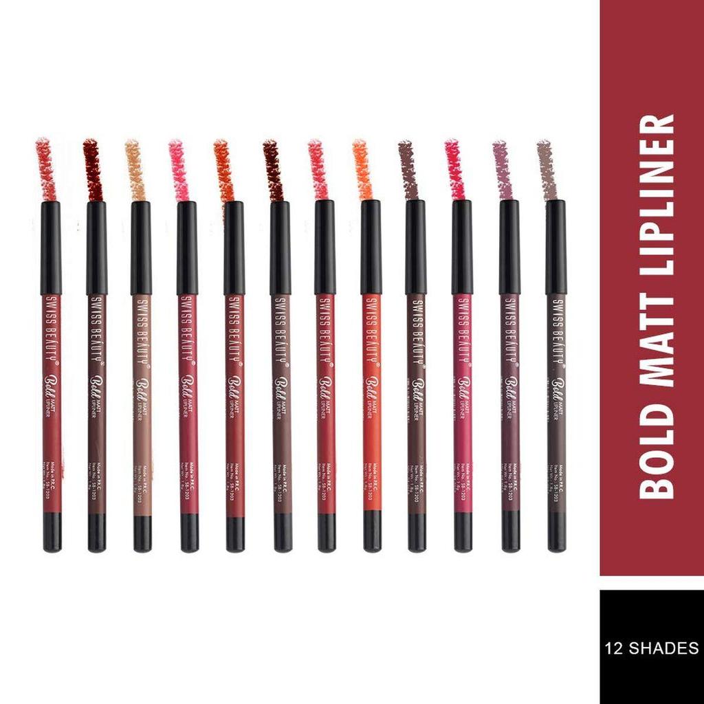 Swiss Beauty Eyebrow & Gel Eyeliner 2 in 1, Eye MakeUp, Black-01, 7g + Swiss Beauty Bold Matte Lipliner Pencil, 12 разноцветных, (1,8 г) Пакет из 12