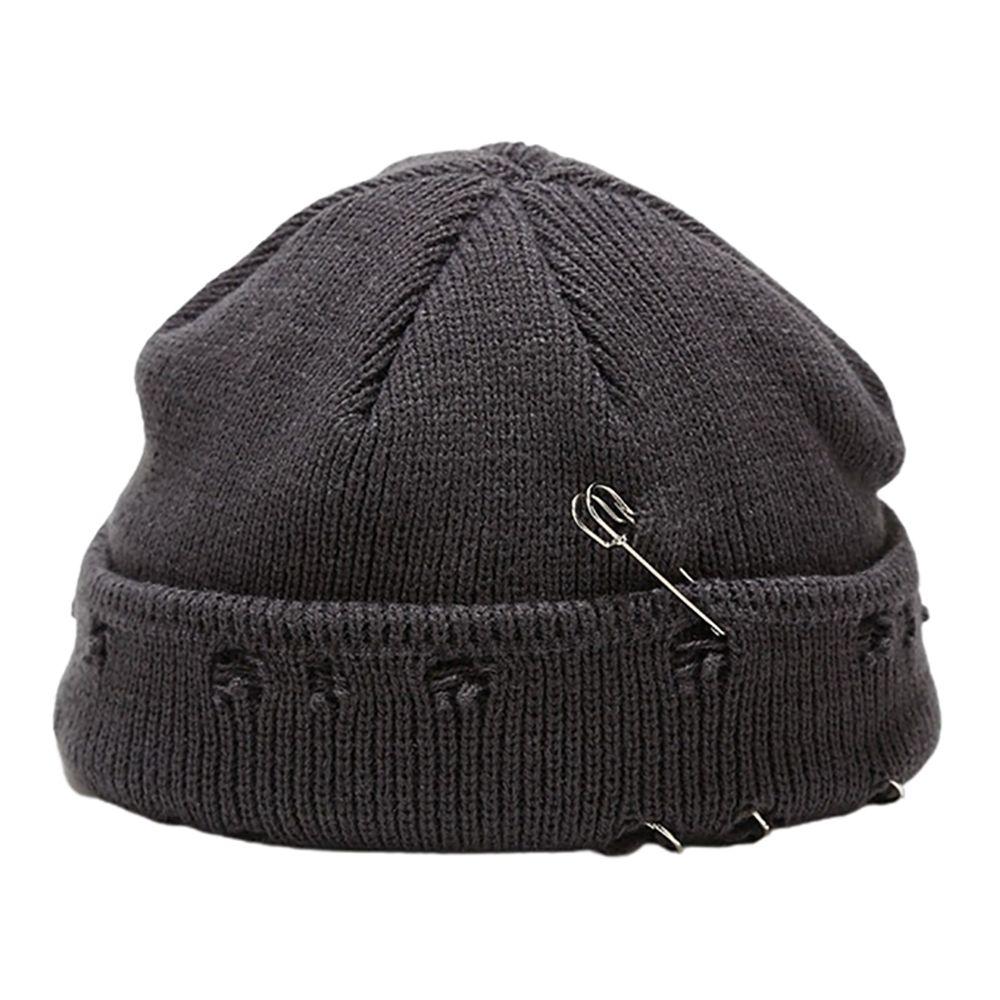 Casual Distressed Hole Female O-Ring Winter With Pins Knitted Hat Beanie Hat Warm Cap Solid Color