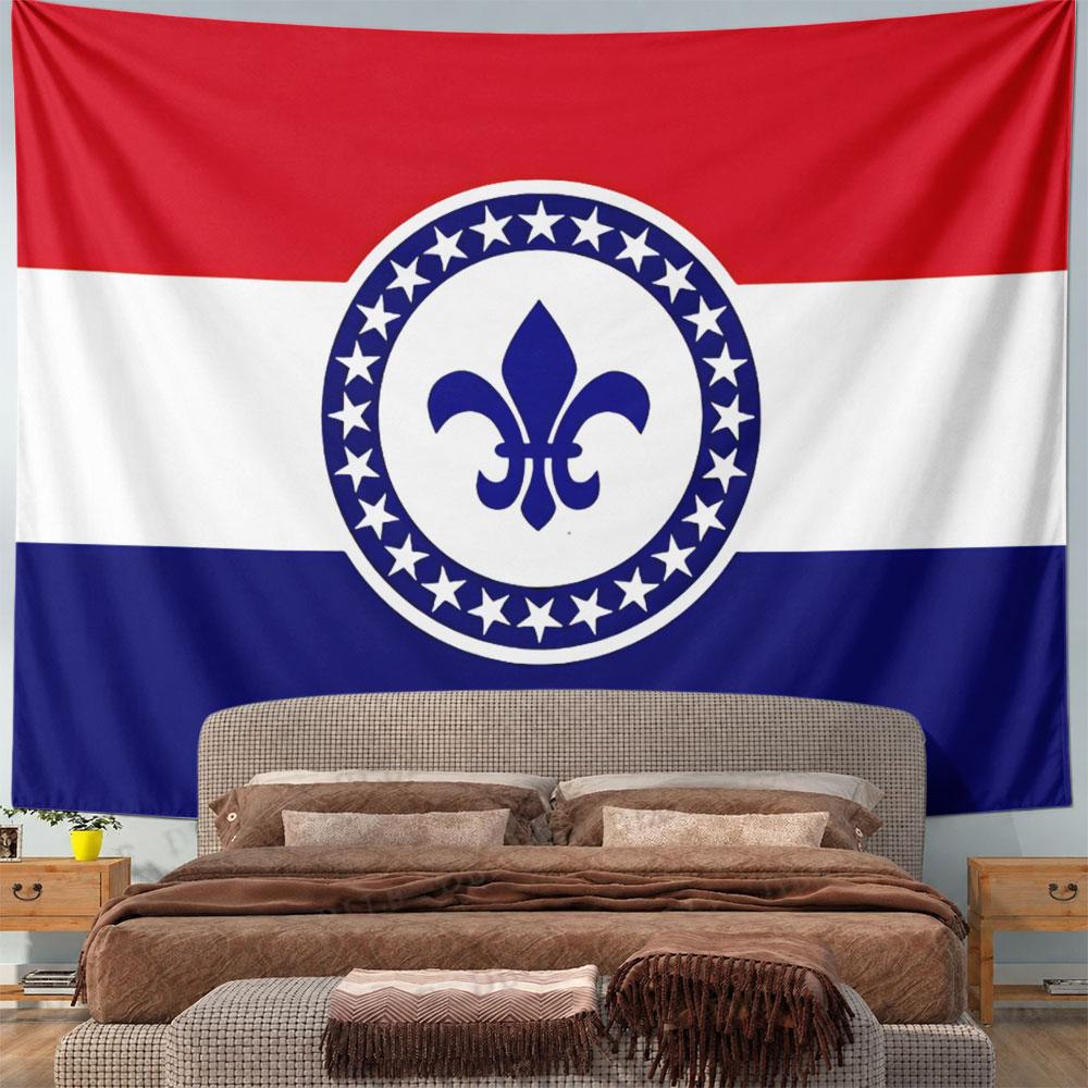 A tricolor background with a fleur-de-lis in a circle of stars. Patterned tapestry for bedroom and living room home decor