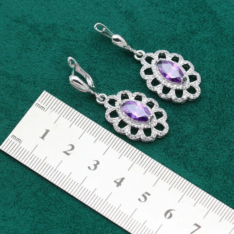 Фиолетовый аметист серебро 925 пробы комплект ювелирных изделий для женщин серьги ожерелье кулон кольцо браслет вечерние подарок на день рождения