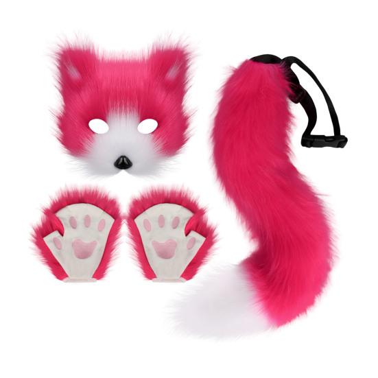 Furry Therian Costume Set for Girls Women Faux Fur Tail Plush Masque Fluffy Paw Gloves Set Fox Cat Wolf Animal Cosplay Accessories for Halloween