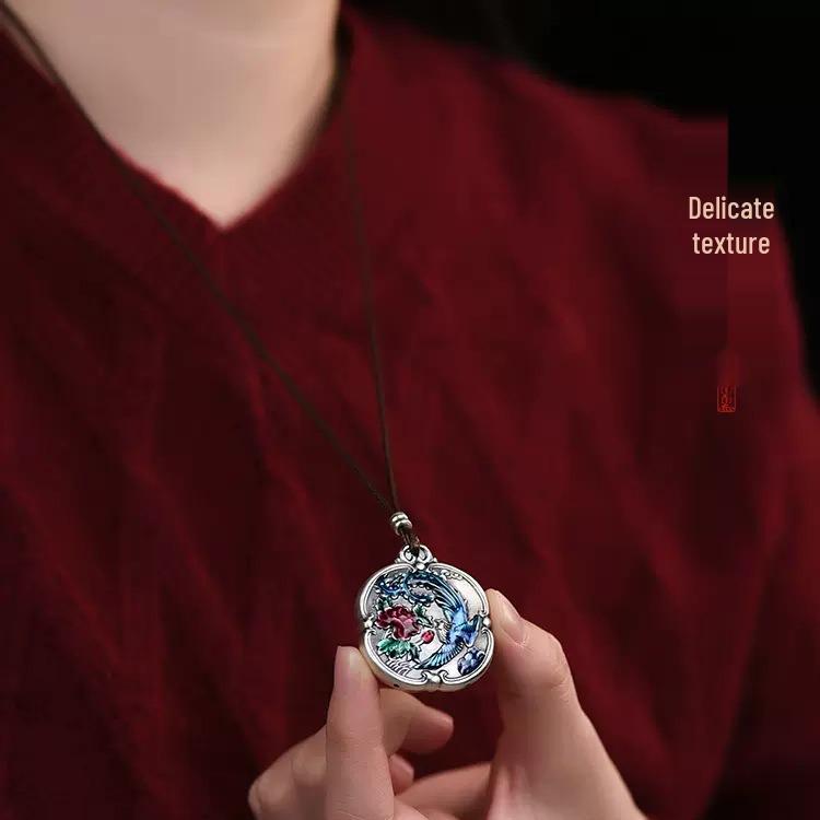 Retro 999 Sterling Silver Enamel Phoenix & Peony Pendant - Unisex Chinese Style Ornament