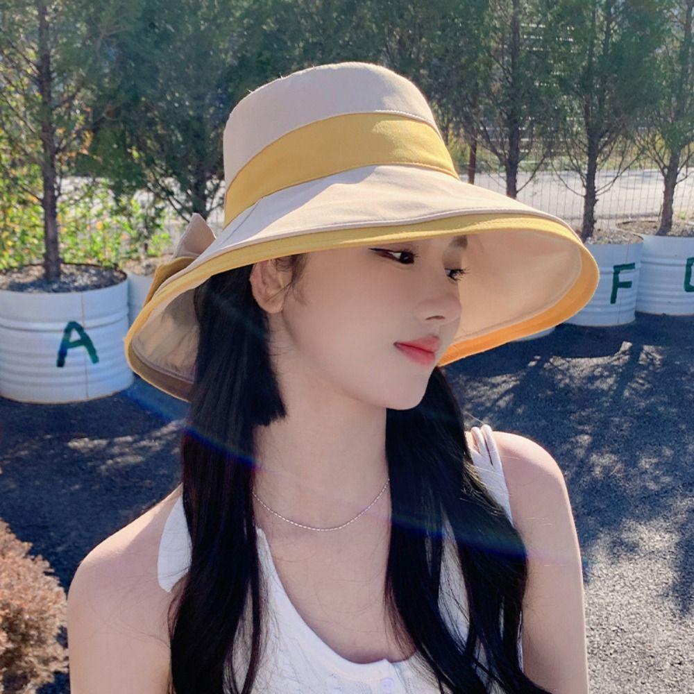 Korean Style Sunscreen Fisherman Hat Sun Protection Bow Bucket Hat Sweet Wide Brim Sun Hat Travel
