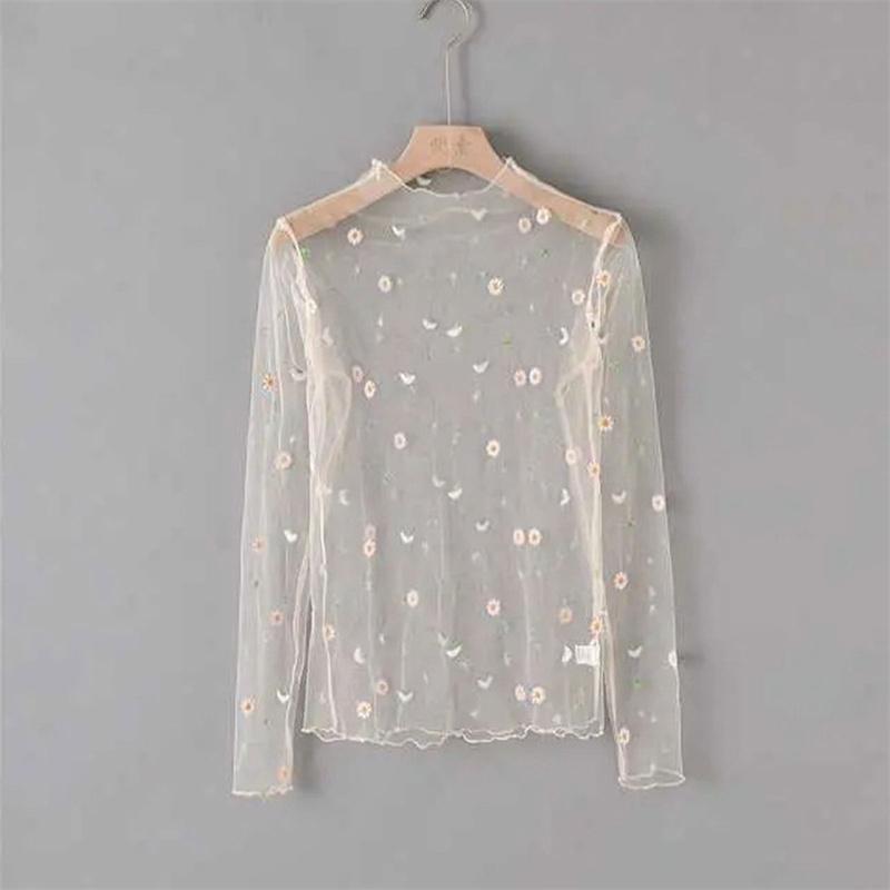 Women T Shirt See Through Transparent Mesh Tops Long Sleeve Sheer Turtleneck