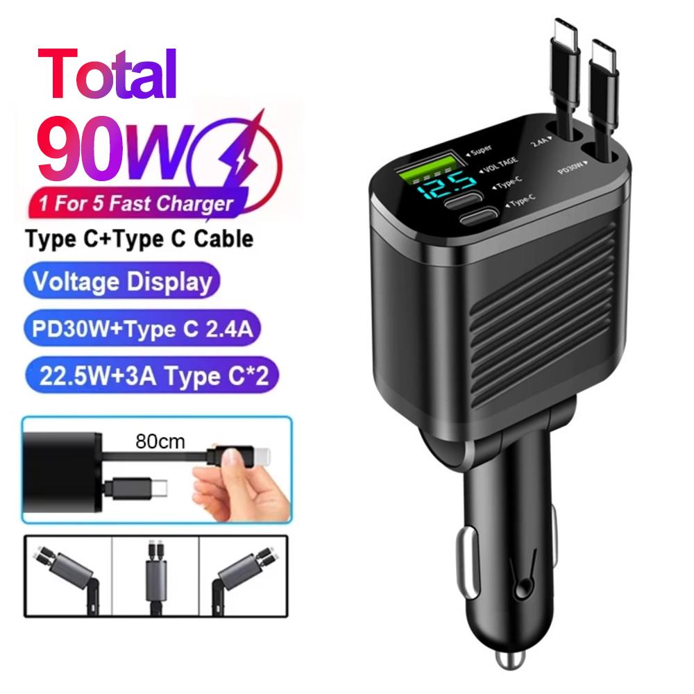 7-в-1 Выдвижная автомобильная зарядка Быстрая зарядка USB Type-C Адаптер питания со светодиодом Выдвижной кабель для iPhone Xiaomi