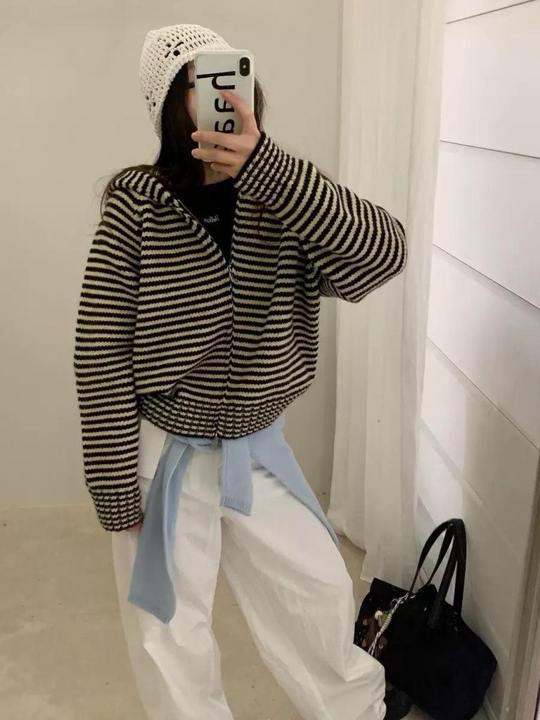 Korean Color Block Stripe Hooded Cardigan for Women - Autumn/Winter Fashion