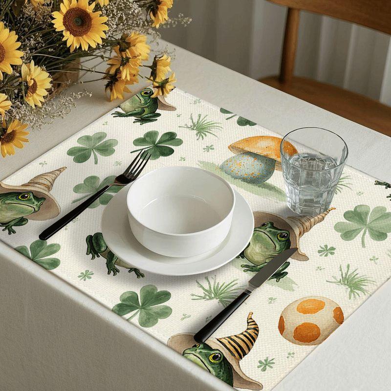 4/6pcs Rectangular Placemats - 18X12 Inches, Green Frog Wizard Hat Clover Mushroom Hand-Painted Story Style Pattern 2D Element Design, Easy-Clean Tabl
